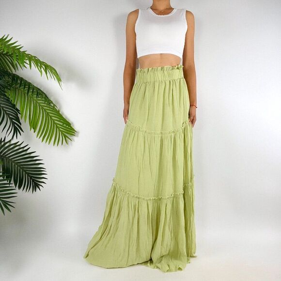Vintage Green Boho Fairycore Cottagecore Beachy Tiered Ruffle Maxi Skirt / M - Picture 3 of 6